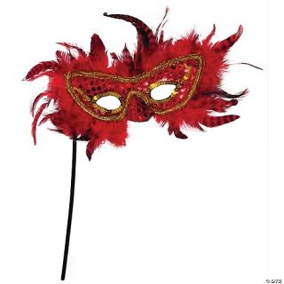 Women's Feather Mask with Stick - Assorted Colors