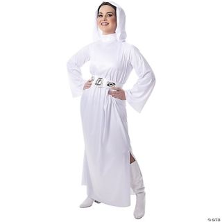 A woman dressed in a princess Leia costume.